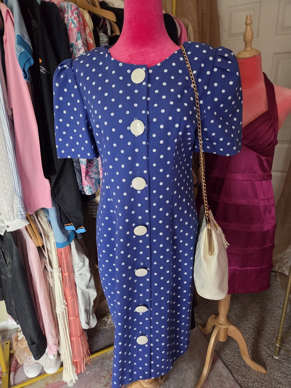 Vtg Periwinkle Pretty Woman Style 80/90s Form Fit Polka Dot W/ Leather handbag